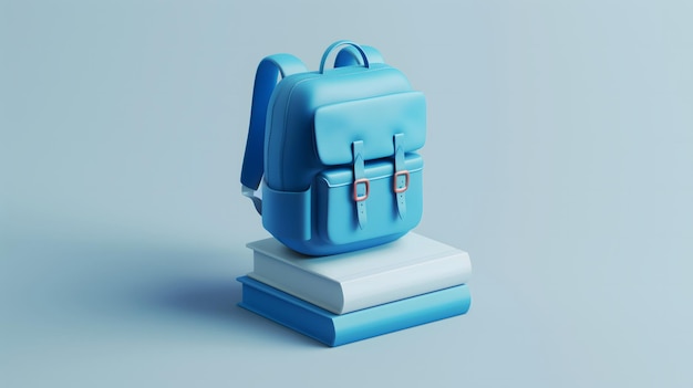 Photo 3d icon of school backpack on books blue theme