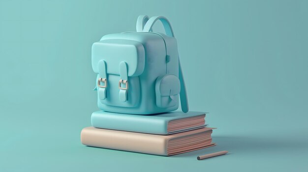 Photo 3d icon of school backpack on books blue theme