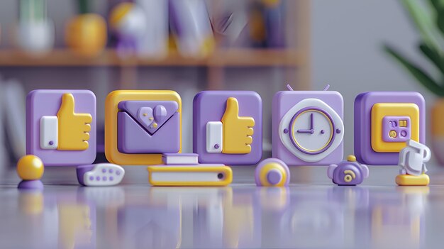 Photo 3d icon set for social media yellow amp purple thumbs up book clock calendar message bubble