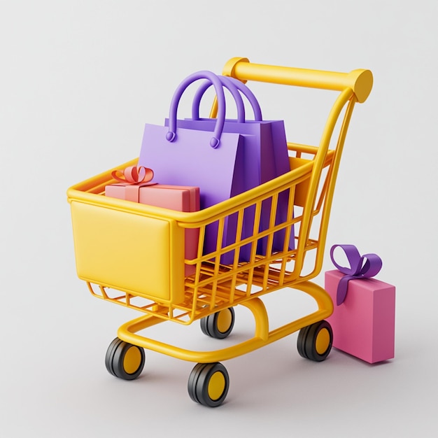 Photo 3d icon of a shopping cart filled colorful shopping bags