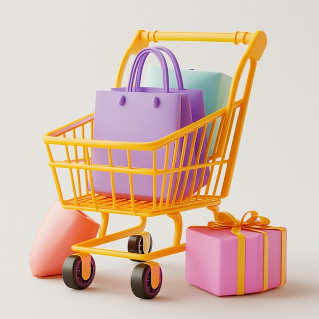 Photo 3d icon of a shopping cart filled colorful shopping bags