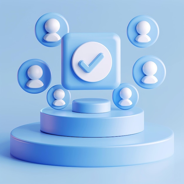 3D icon of social media icons on a blue podium with one checkmark in the upper right corner A user