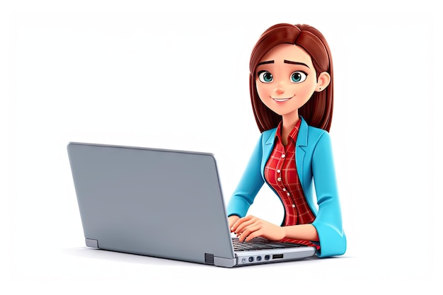 3D icon Young business woman working at laptop ai generative