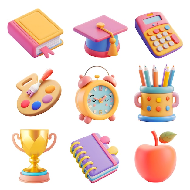 3D icons collection of cute school items Back to school