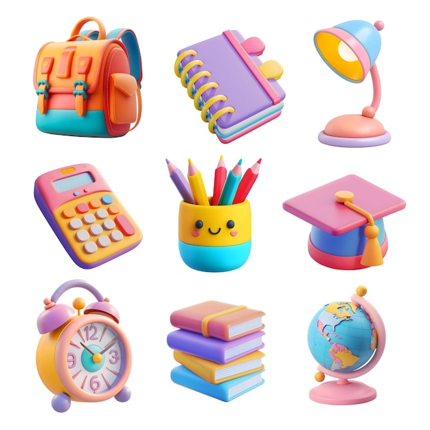 3D icons collection of cute school items Back to school