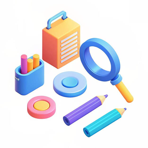 3d icons of objects for training and office icons of stationery magnifying glass paper clip and pencil with notepad Vector illustration of render signs on a white isolated background