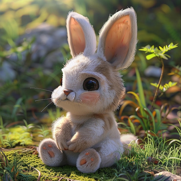 Photo 3d illustrated bunny in fantasy environment with cute expression