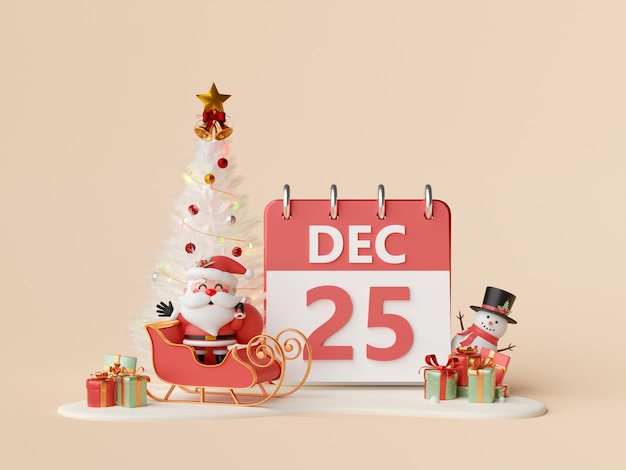 3d illustration of 25 Dec calendar with Santa Claus and Christmas tree Merry Christmas