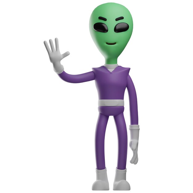 3D illustration 3D Alien character says hello with a waving hand pose showing smiling expression