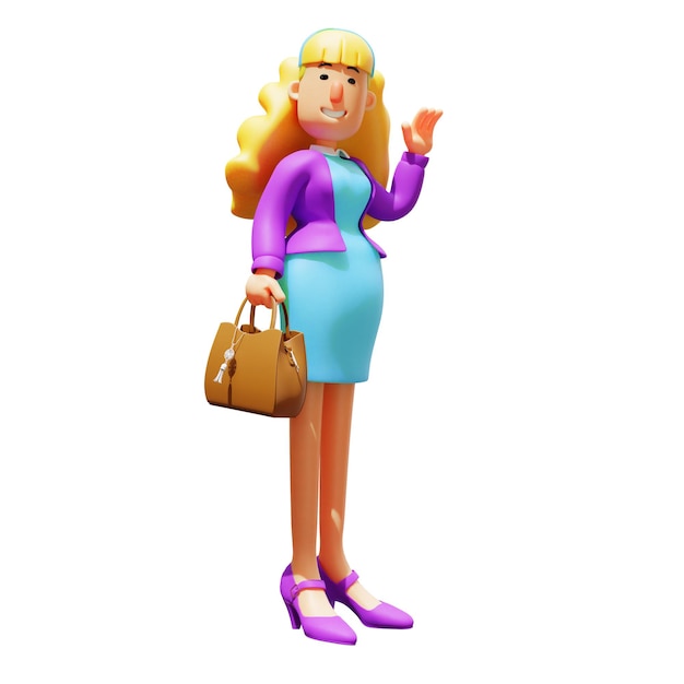 3D illustration 3D Business Woman Cartoon Character Holding a Luxury Bag waving hand saying hi