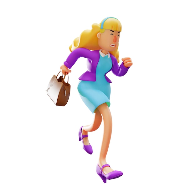 3D illustration 3D Business Woman Cartoon Running carrying bag in hand with a serious facial