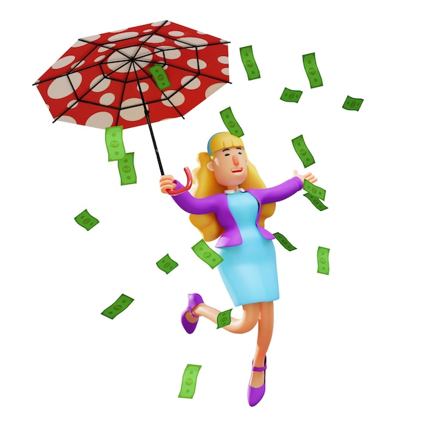 3D illustration 3D Cartoon 3D Business Woman Dancing Under Money Rain carrying an umbrella