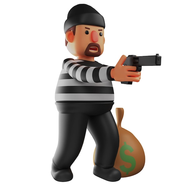 3D Illustration 3D Cartoon Illustration of Thief holding a gun standing next to a sack of money