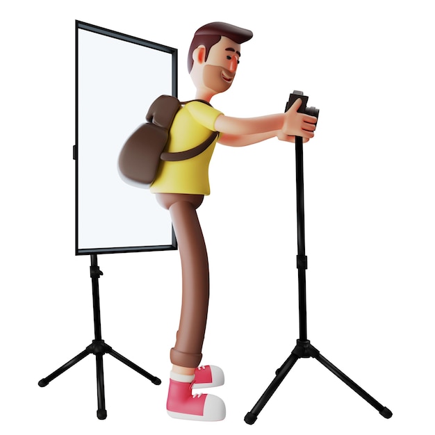 3D illustration 3D cartoon photographer with camera and lighting carrying a bag on his shoulder