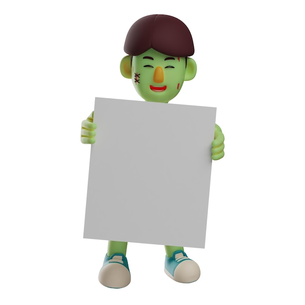 3D illustration 3D Cartoon Zombie illustration holding whiteboard with closed eyes and cheerful