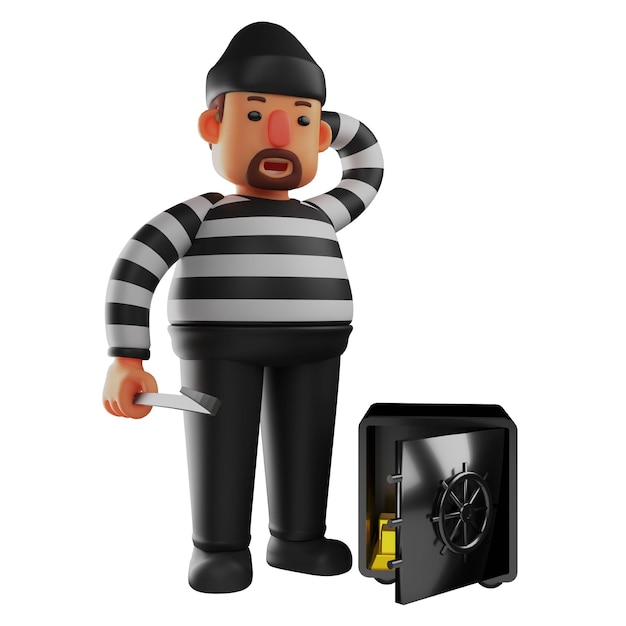 3D illustration 3D Character Image of Thief robbing a safety box with hands on head pose showed