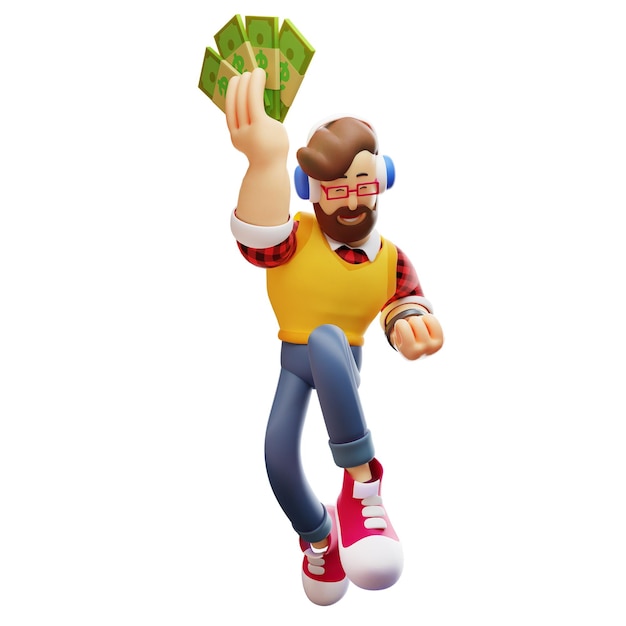 3D illustration 3D character of man holding a lot of money with money in his hands showing happy