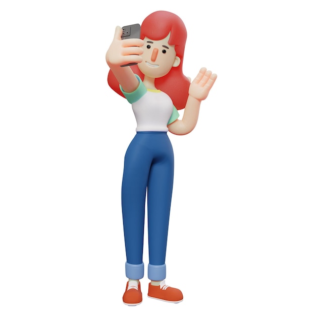 3D illustration 3D Cute Girl Cartoon Design has mobile phone with selfie style pose with beautiful