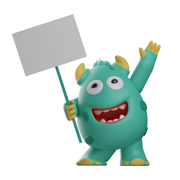 3D illustration 3D Cute Monster character holding white sign hand pointing up with happy smile