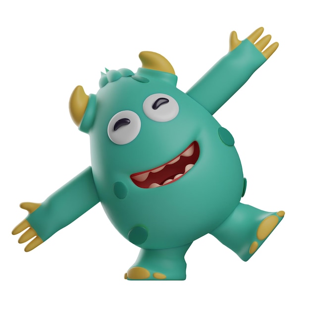 3D Illustration 3D Cute Monsters with funny poses with both arms wide open showing a cheerful