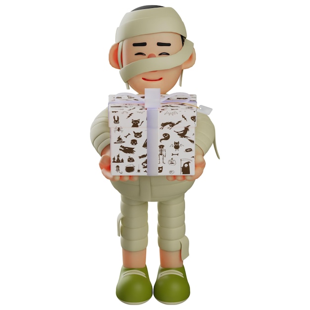 3D illustration 3D Cute Mummy characters with sweet gifts carrying a large box in his hand put on