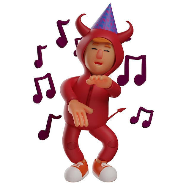 3D illustration 3D Red Devil Cartoon Character dancing with music wearing a conical hat on the hea