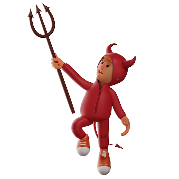 3D illustration 3D Red Devil character cartoon pointing trident up pose with one leg raised