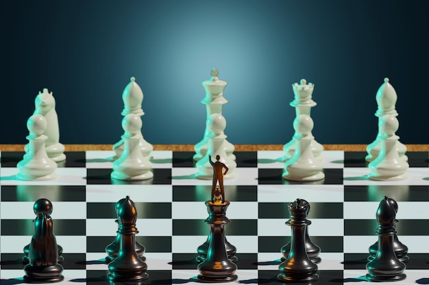 3D Illustration 3D Rendering super businessman as a leader on chess board Business strategy and leadership concept