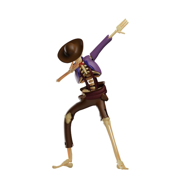 3D illustration 3D Skull Cowboy Cartoon Character with poses and wearing cute costumes both legs