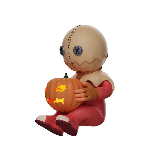 3D illustration 3D Trick 'r treat a Cartoon Character sitting holding a Halloween Pumpkin sitting