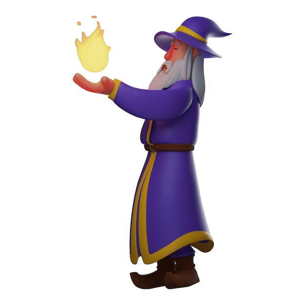 3D illustration 3D Witch character cartoon ready to throw fire has white hair and beard showing a