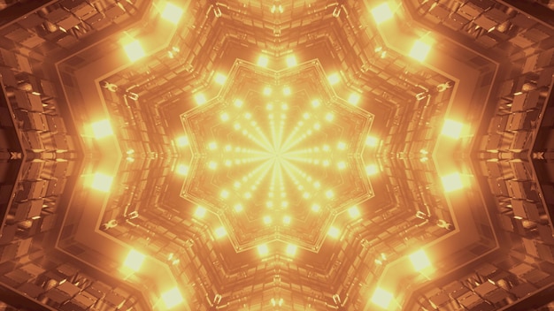 3d illustration of 4K UHD abstract background of kaleidoscopic star shaped tunnel with bright sepia neon light