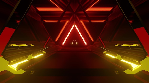 3d illustration of 4K UHD abstract background of triangle shaped tunnel in style of German flag illuminated with vivid neon lights