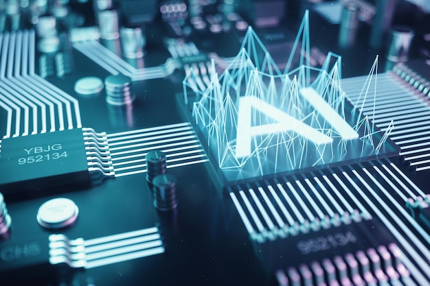 3D illustration abstract artificial intelligence on a printed circuit board. Technology and engineering concept. Neurons of artificial intelligence. Electronic chip, head processor.