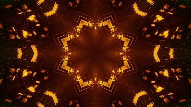 3d illustration of abstract background of kaleidoscopic tunnel in shape of flower glowing with orange illumination