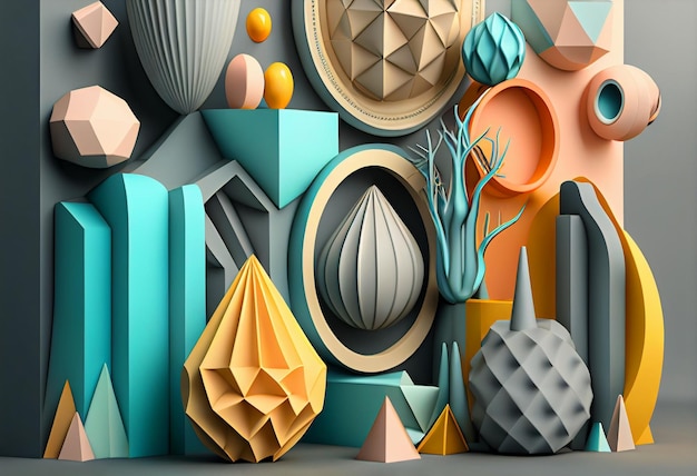 3d illustration of abstract geometric background with colorful hexagons and balls generative ai