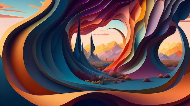 3d illustration of abstract landscape background with blue and orange layers