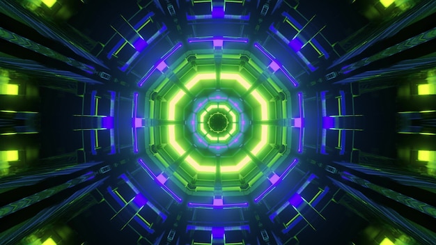 3d illustration abstract  with octagonal glowing green and blue neon lines inside of dark corridor of futuristic building