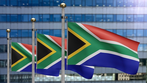 3D illustration African RSA flag waving in a modern skyscraper city. Beautiful tall tower with South Africa banner blowing soft silk. Cloth fabric texture ensign background.