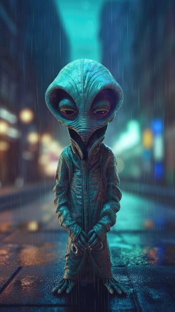 3d illustration of an alien standing on street