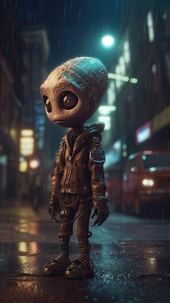 3d illustration of an alien standing on street