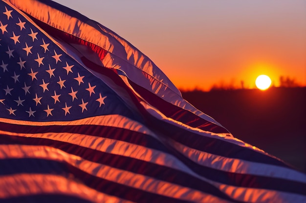 3d illustration of american flag at sunset independense of USA concept