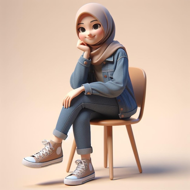 3D illustration of an animated character of a young Indonesian girl sitting relaxed on chair