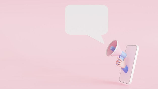 3D illustration announces notification banner sign cartoon hand holding megaphone coming out of the mobile phone on pink background with copy space