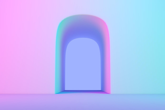 3d illustration of arch in neon pink and purple lighting Background with place for product