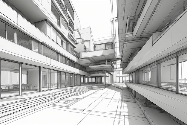 Photo 3d illustration architecture building construction perspective designabstract modern urban building line drawing