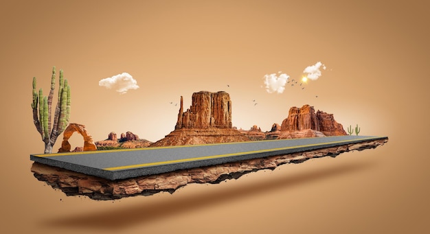 3d illustration of Arizona desert road. desert at sunrise, tropical land off-road isolated. asphalt.