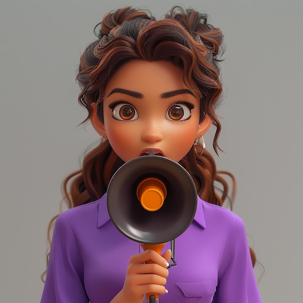 3D illustration of Asian girl Renae making announcement with megaphone loudspeaker3D rendering on white background