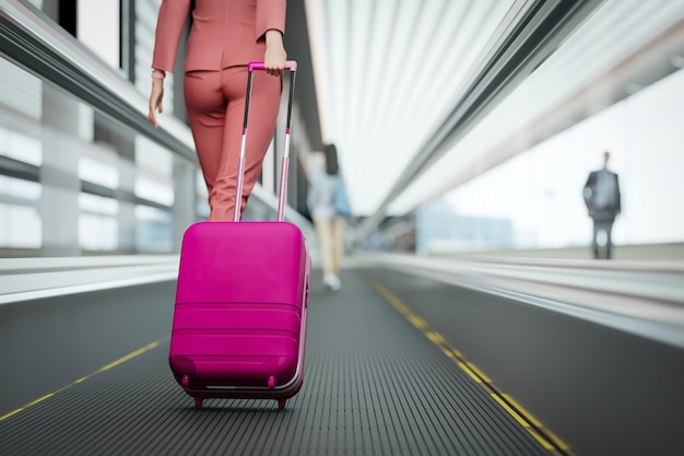 3d illustration back of woman close up in casual clothes walking with a pink suitcase at the airpor