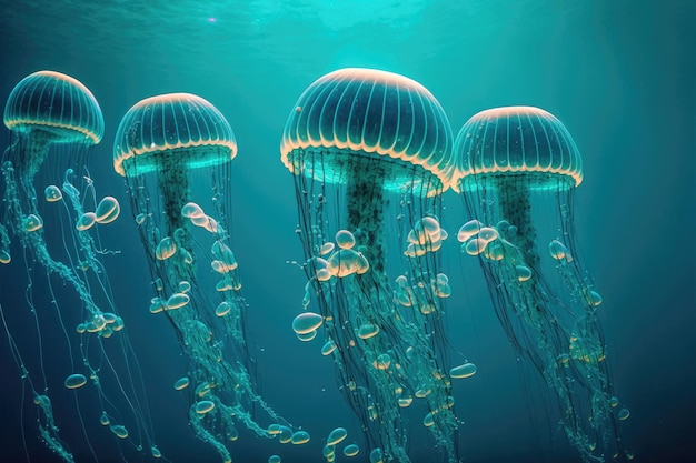 3D illustration background of jellyfish Jellyfish swims in the ocean sea light passes through the water creating the effect of volumerays